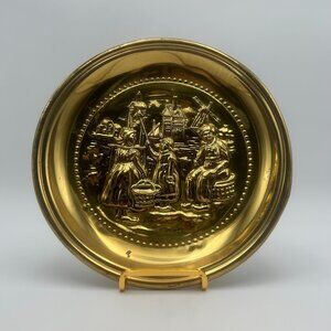 Vintage Brass Wall Plate Dutch Scene & Easel Stand Peerage Art Décor Cottagecore